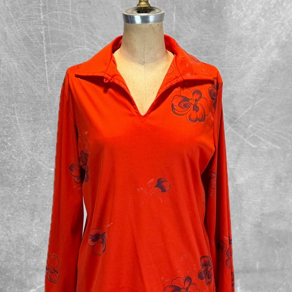 VINTAGE 70s groovy floral top pointed dagger collar long sleeve red orange